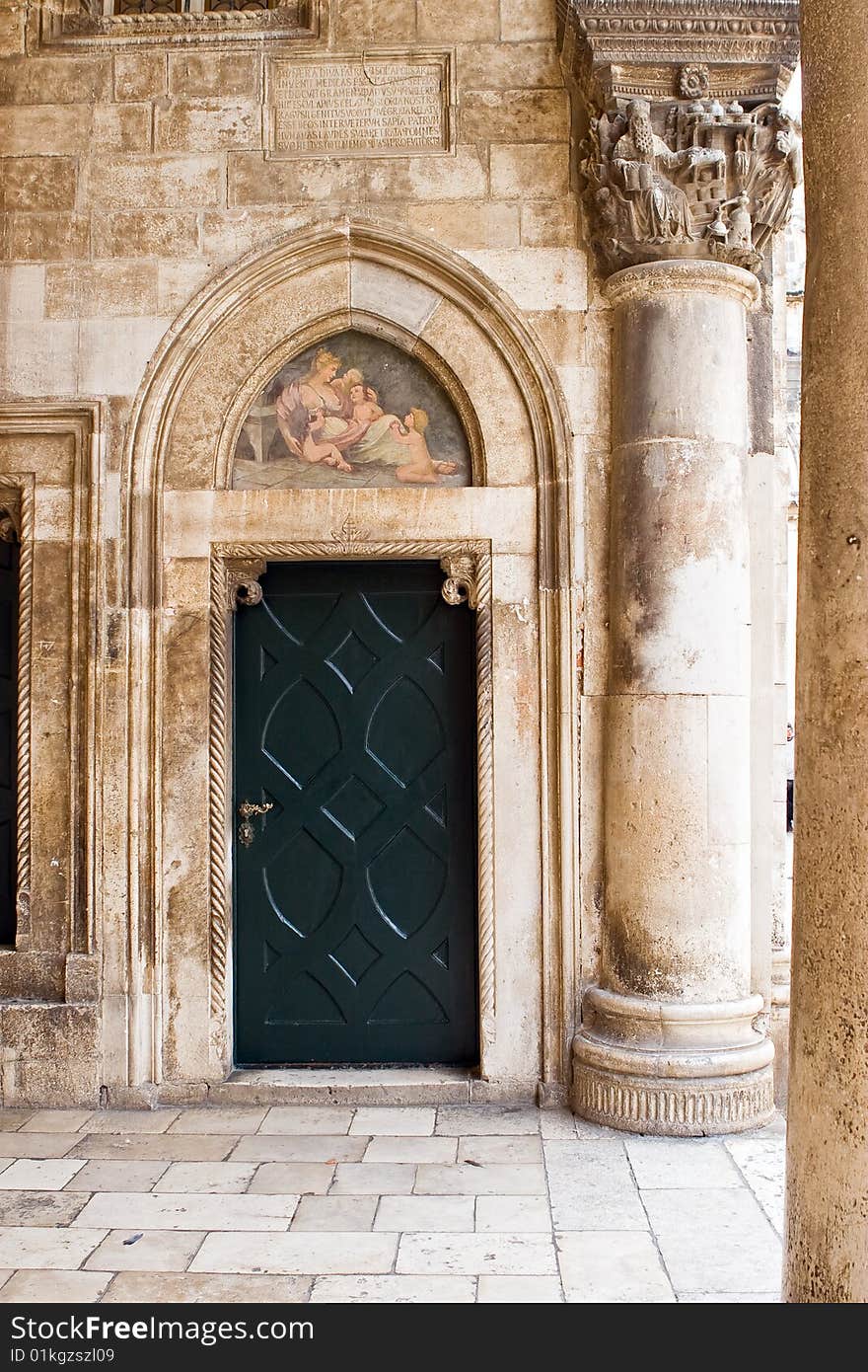 Architectural fragment - door, column, fresco. Architectural fragment - door, column, fresco