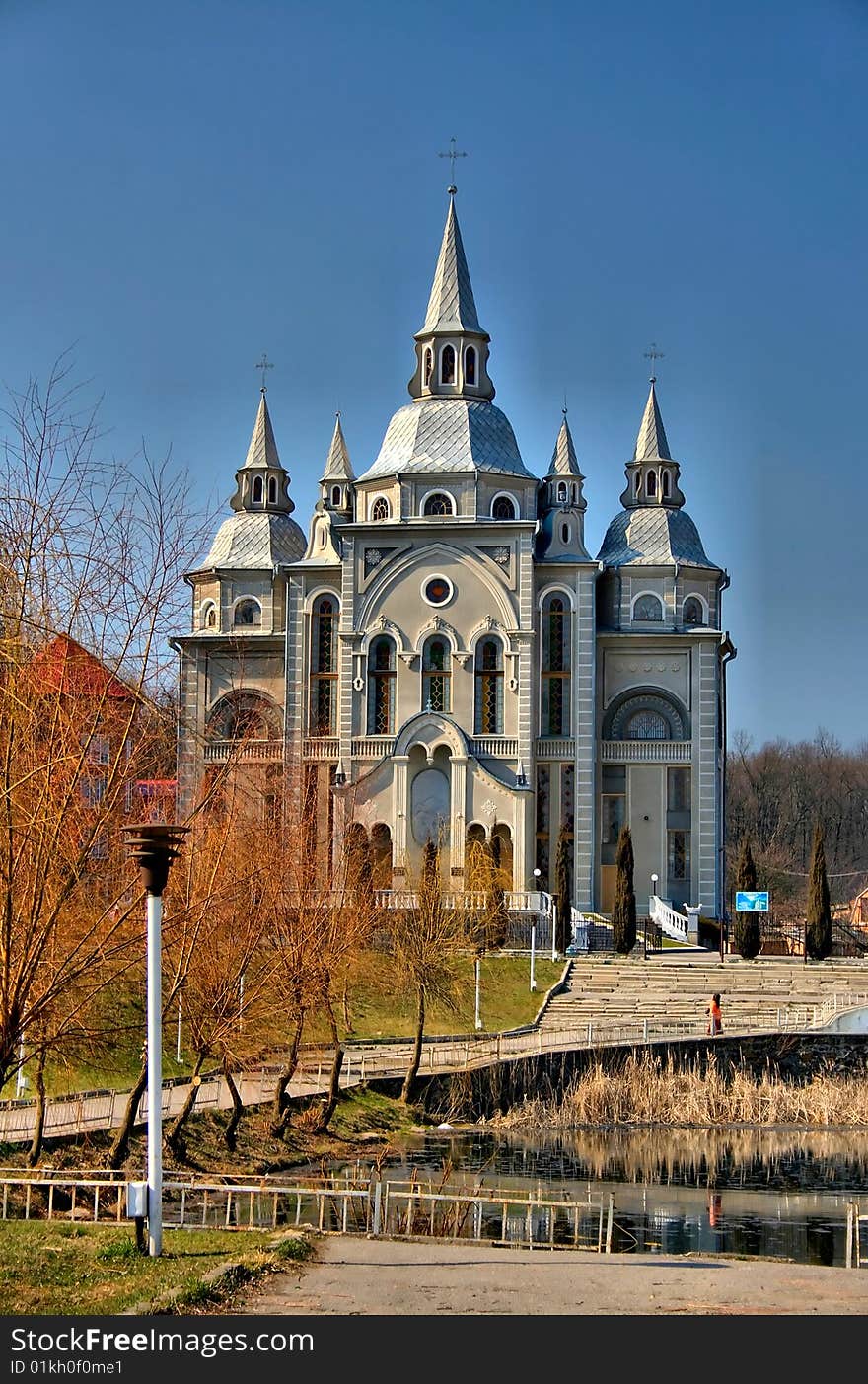 Church on a blue sky background. HDR.