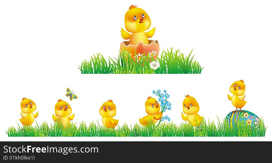 Chicken in grass. Vector Illustration