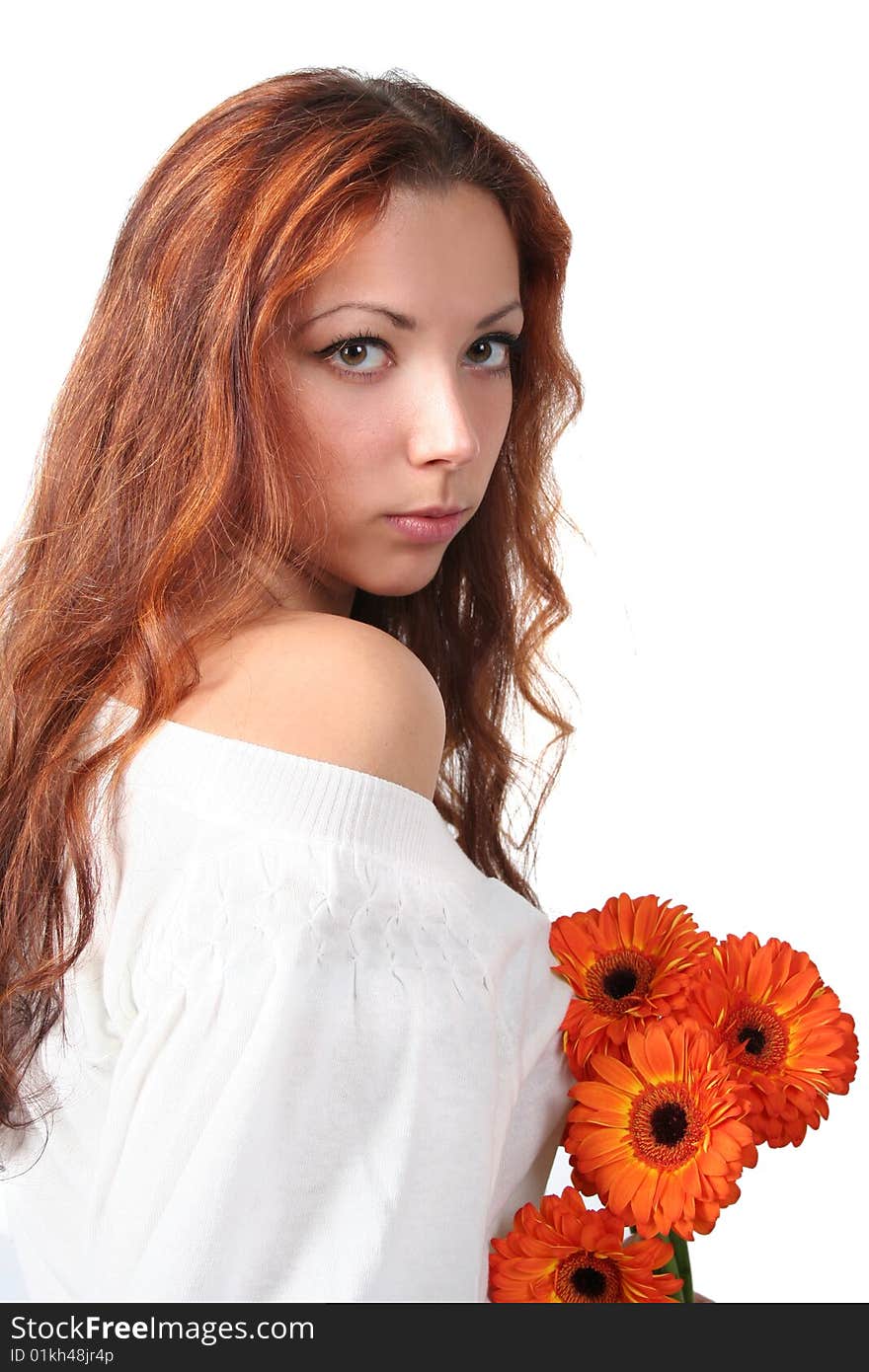 Beautyful young girl with bunch of flowers. Beautyful young girl with bunch of flowers