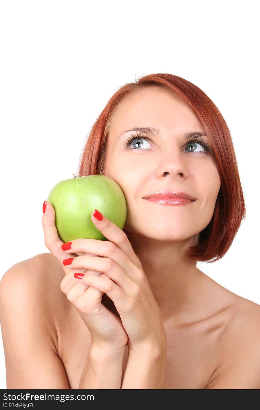 Healthy young girl with fresh green apple