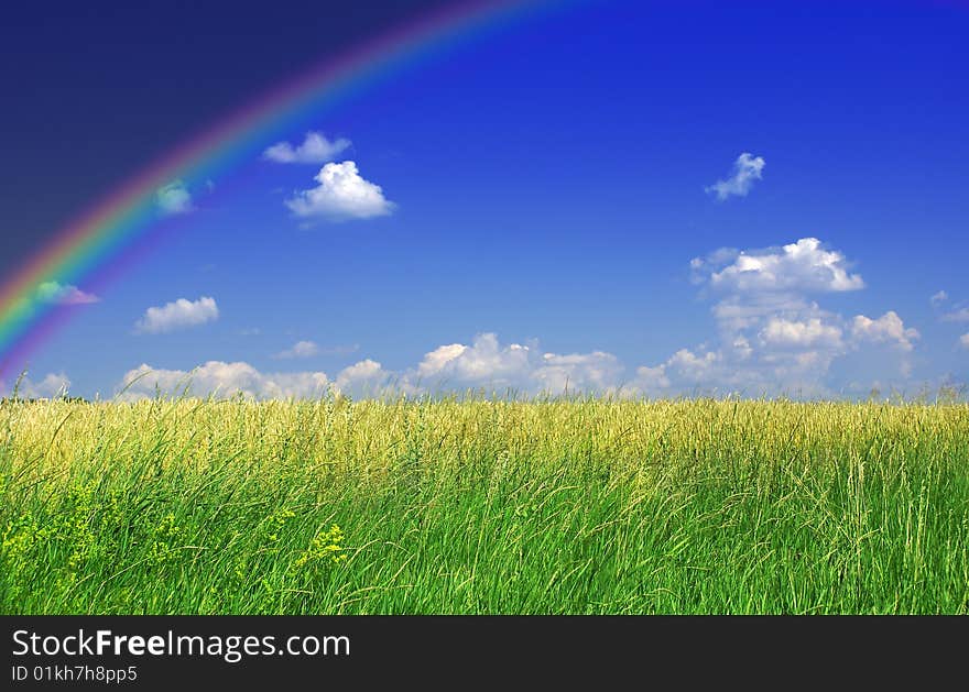 Nice landscape with green grass, blue sky and rainbow. Nice landscape with green grass, blue sky and rainbow