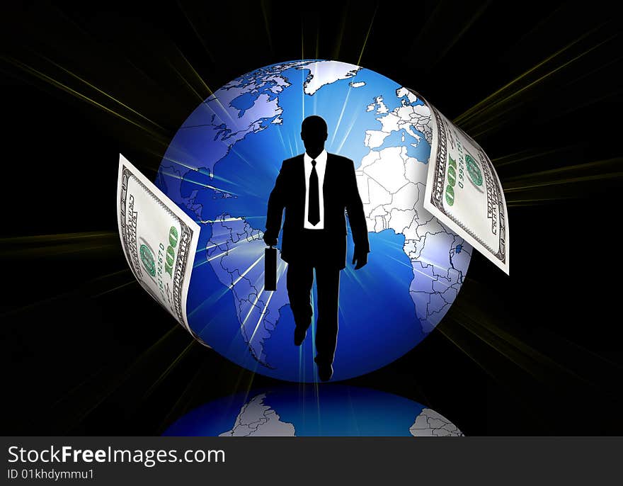 Businessman silhouette & dollars around a planet on black background. Businessman silhouette & dollars around a planet on black background