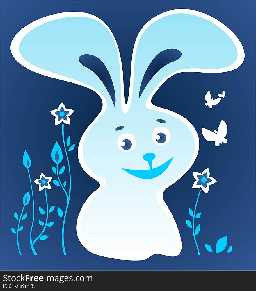 Cartoon happy rabbit and flowers on a blue background.