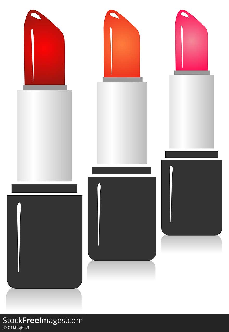 Three stylized lipsticks isolated in a white background.