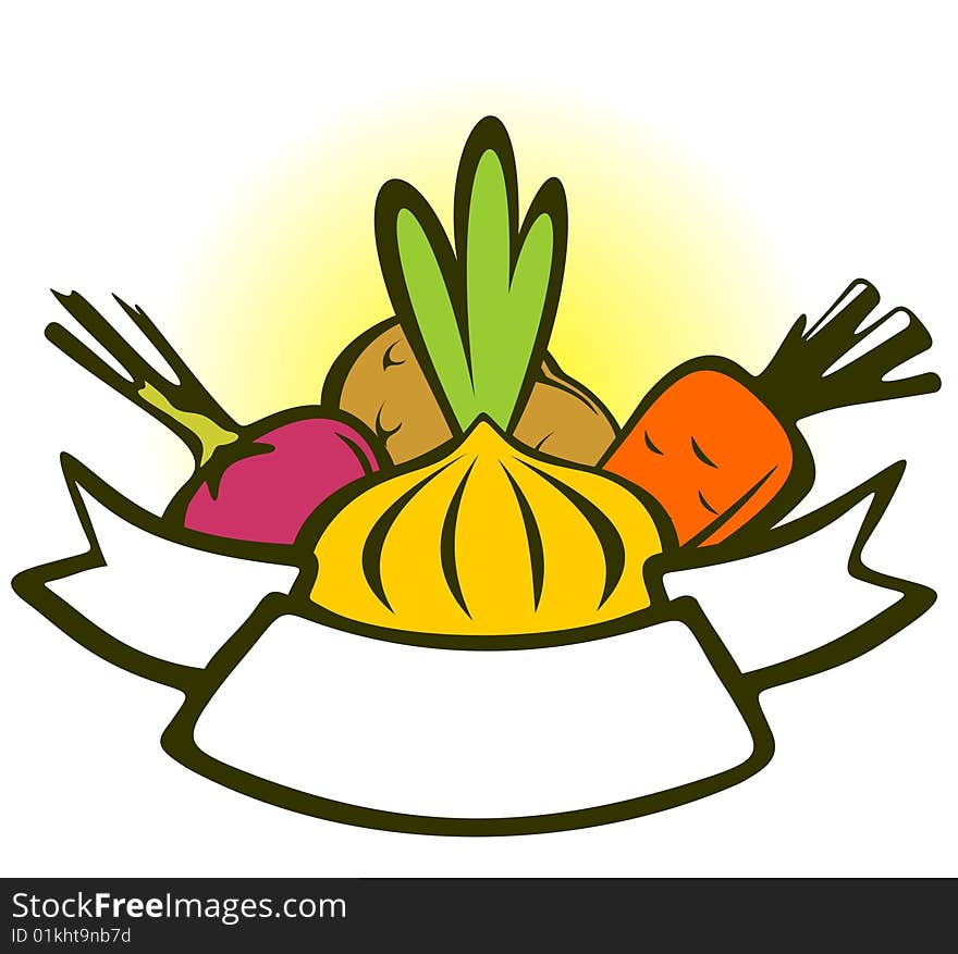 Cartoon vegetables set with ribbon on a white background.