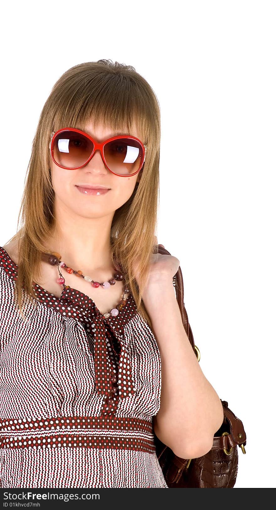 Cute woman in sunglasses hold a bag. Cute woman in sunglasses hold a bag