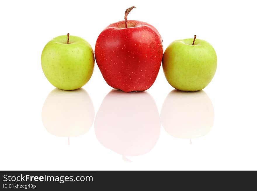 Two green apples with red in the middle. Two green apples with red in the middle