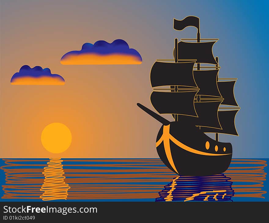 Silhouette of a ship sailing at sunset. Silhouette of a ship sailing at sunset