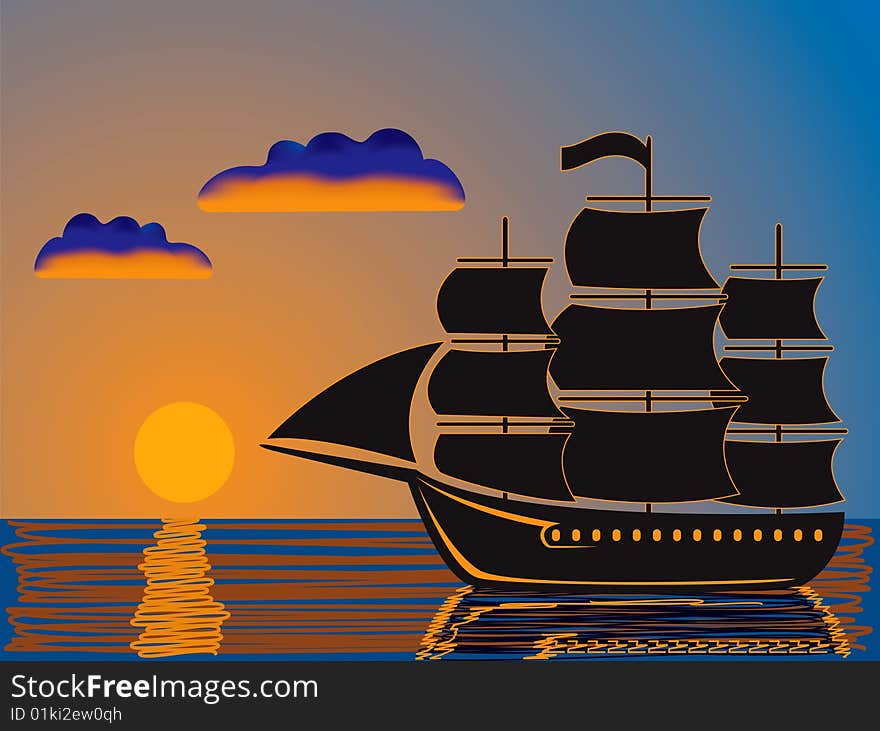 Silhouette of a ship sailing at sunset. Silhouette of a ship sailing at sunset