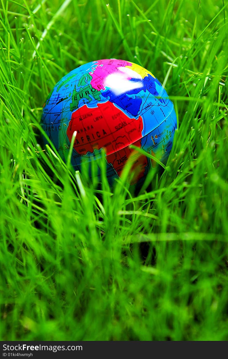 Earth globe in green grass, close up. Earth globe in green grass, close up