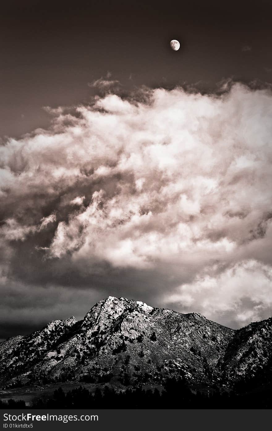 Mountain range in the Eastern Sierras with the moon. Mountain range in the Eastern Sierras with the moon