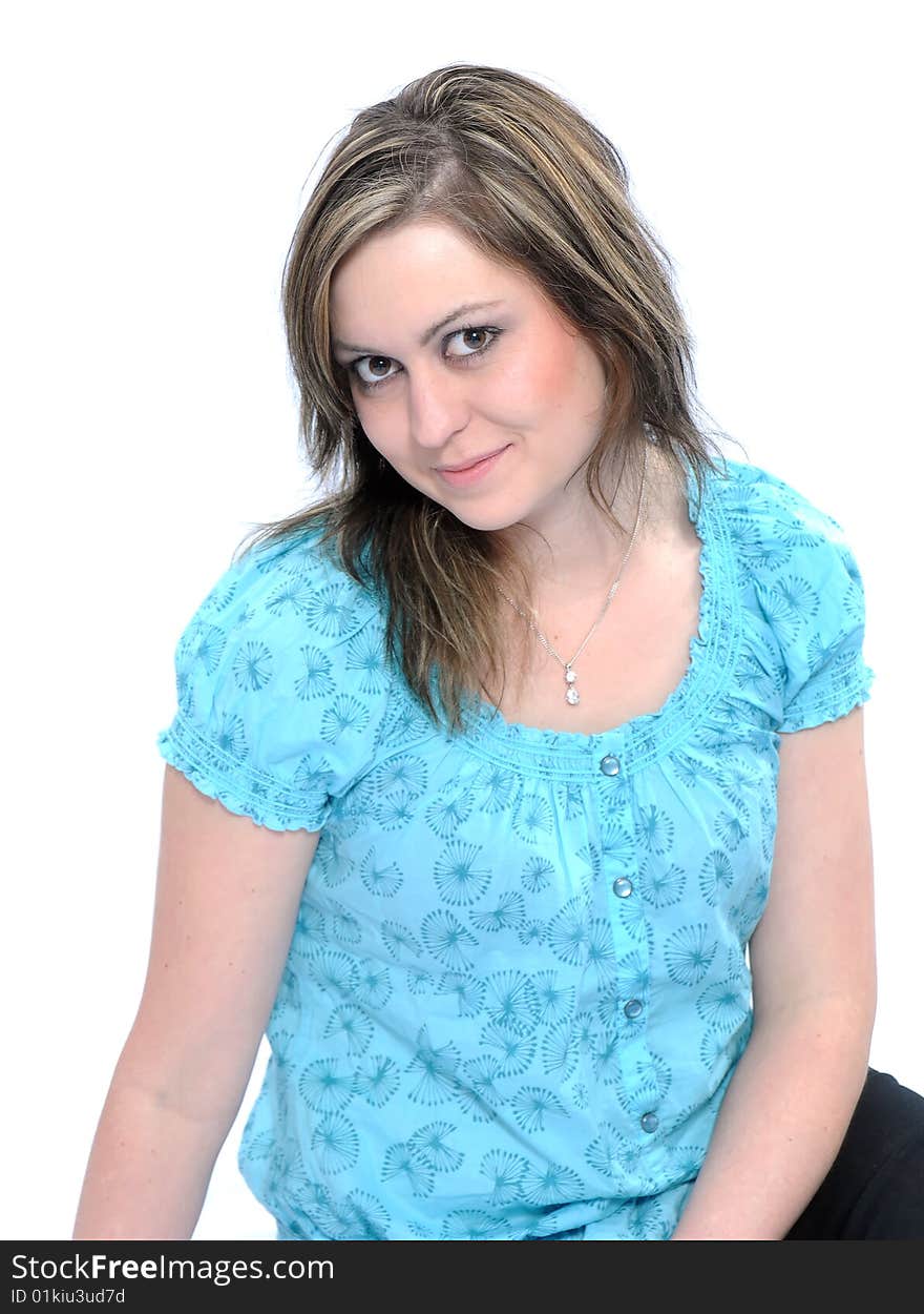 Studio Shot of a brunette woman with big brown eyes, isolated on white background. Studio Shot of a brunette woman with big brown eyes, isolated on white background