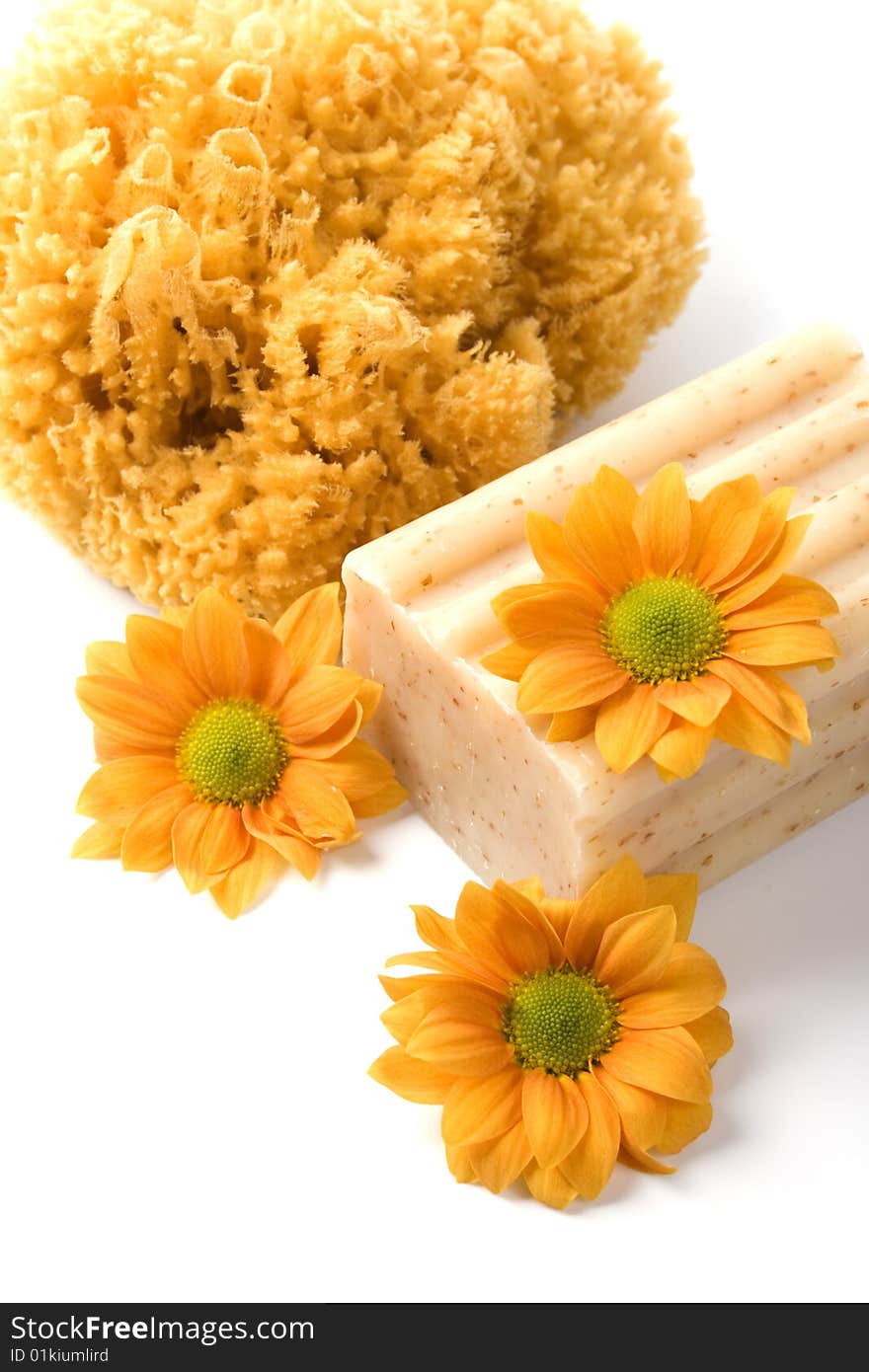 Natural sponge, soap and flowers