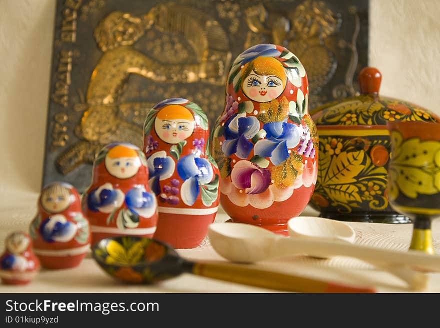 Folk art Russian matryoshka wooden spoon