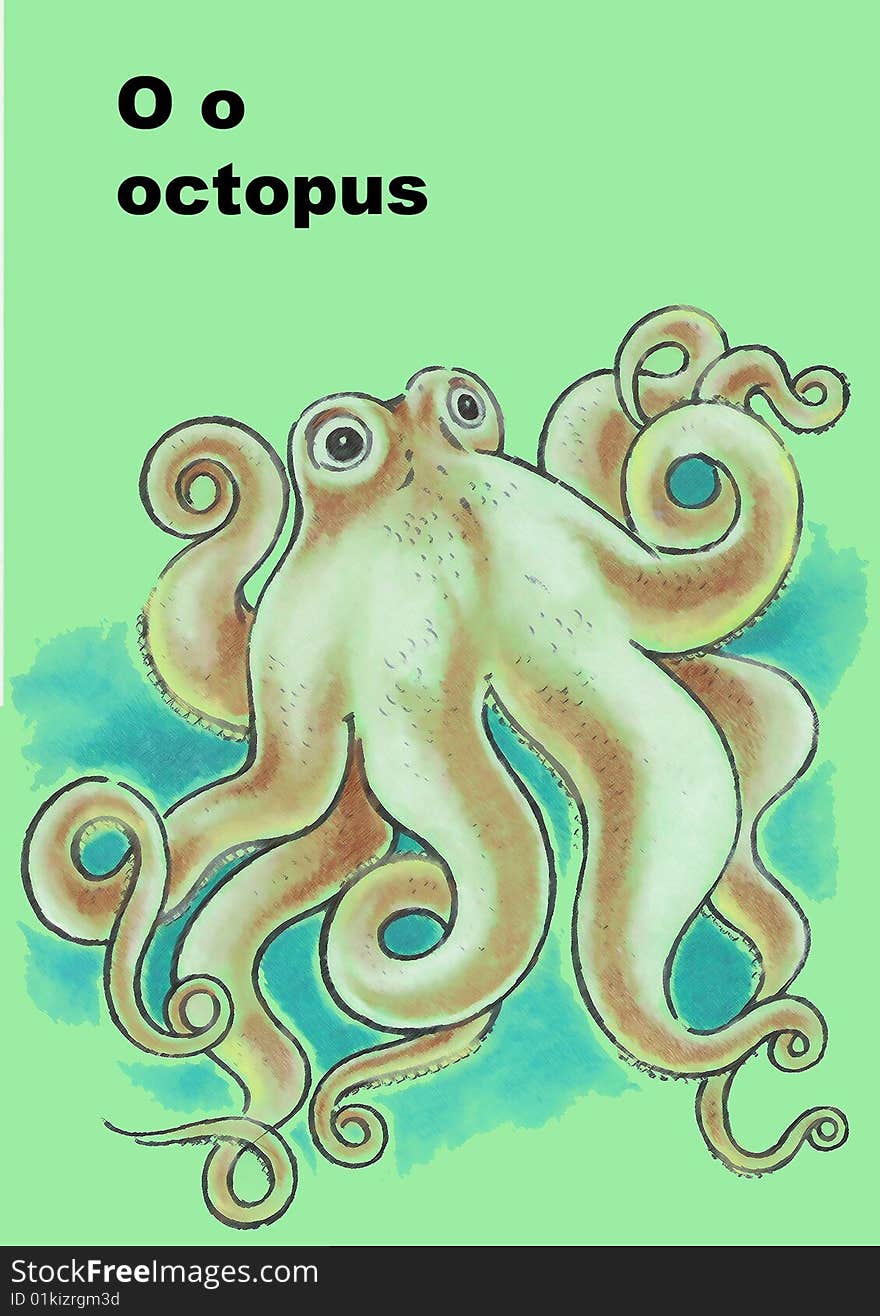 Alphabet for children o- octopus pastel drawing