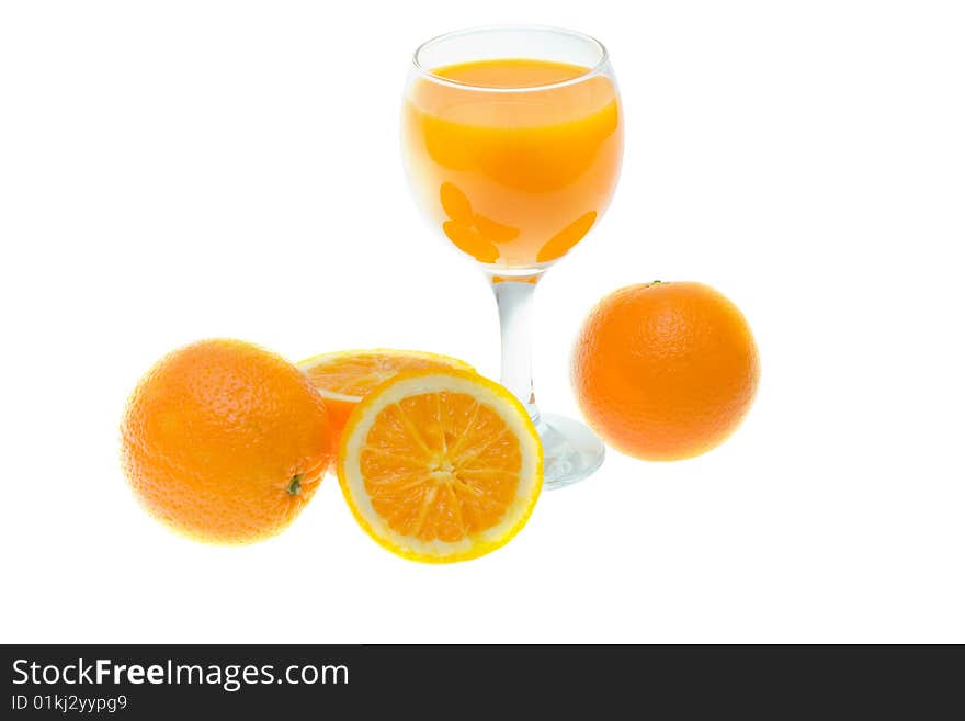 Glass of orange juice with fruits isolated on white. Glass of orange juice with fruits isolated on white