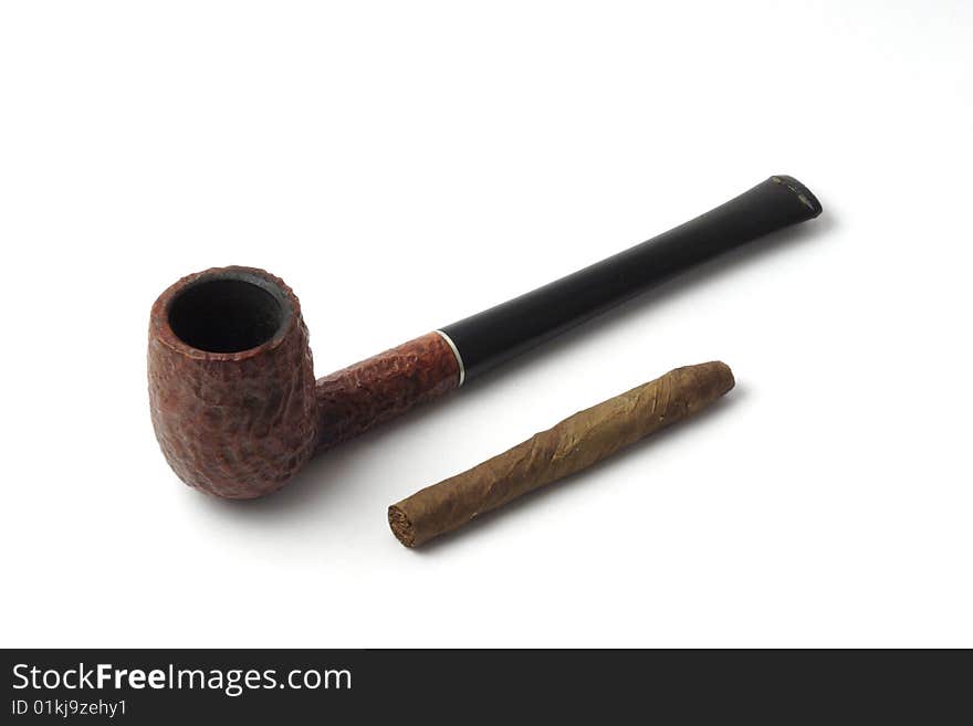 Pipe tobacco and cigar on a white background