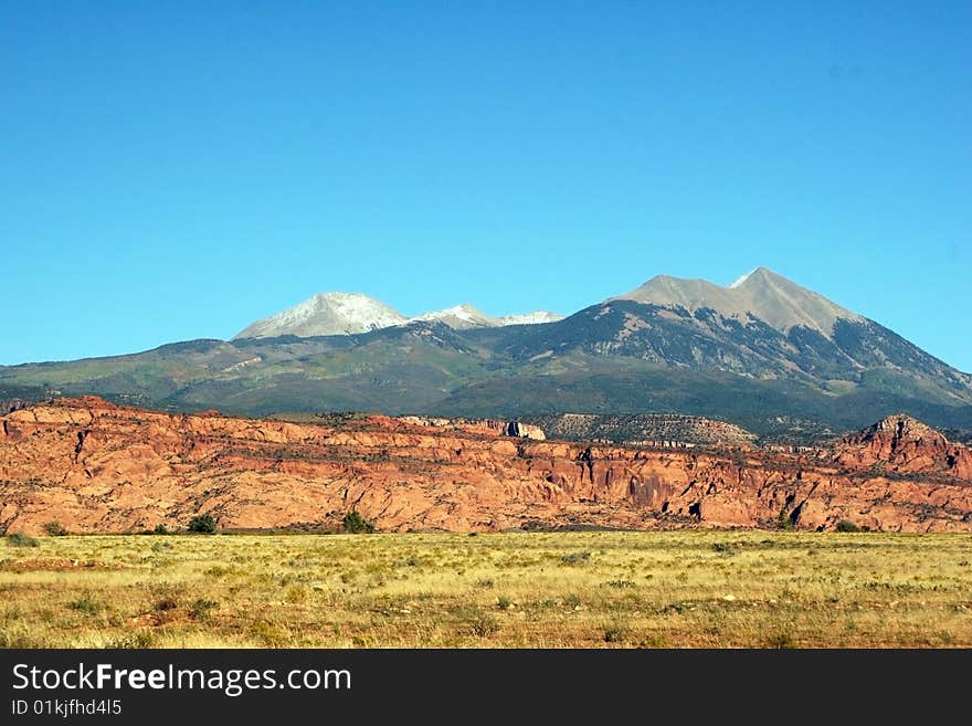 Snow covered mountains near moab utah