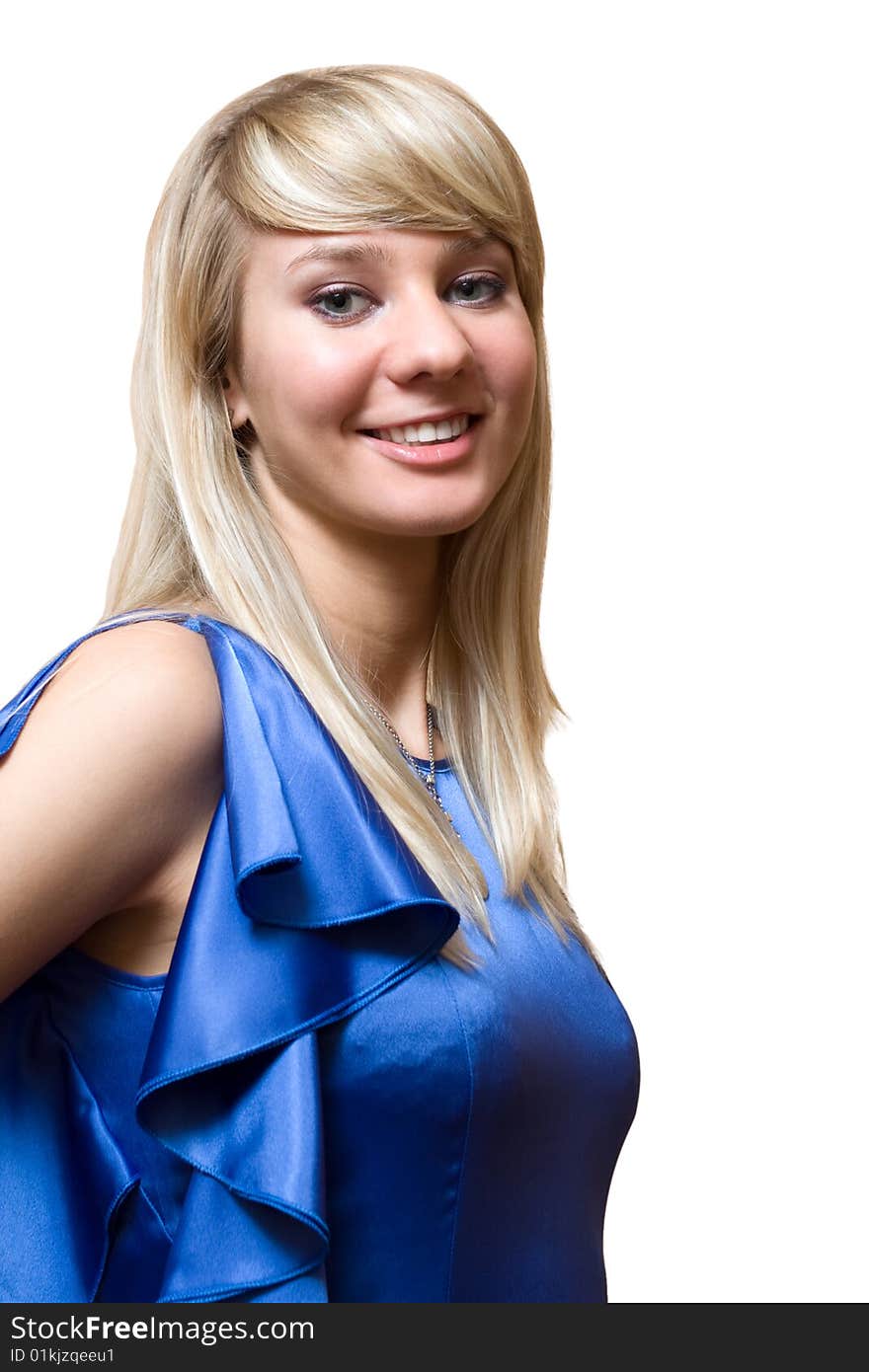 Pretty girl in blue dress isolated on white