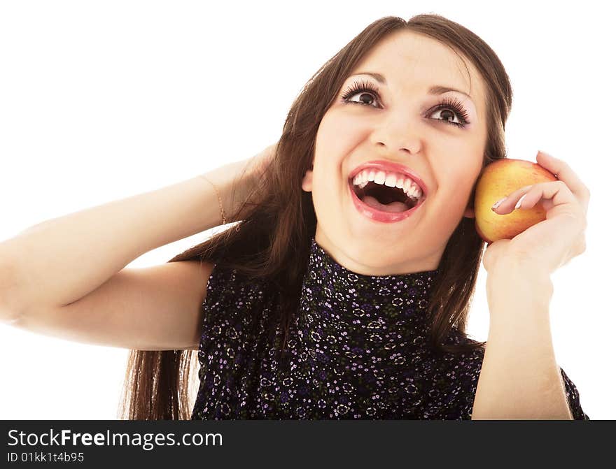 Young beautiful girl with apple on the white. Young beautiful girl with apple on the white