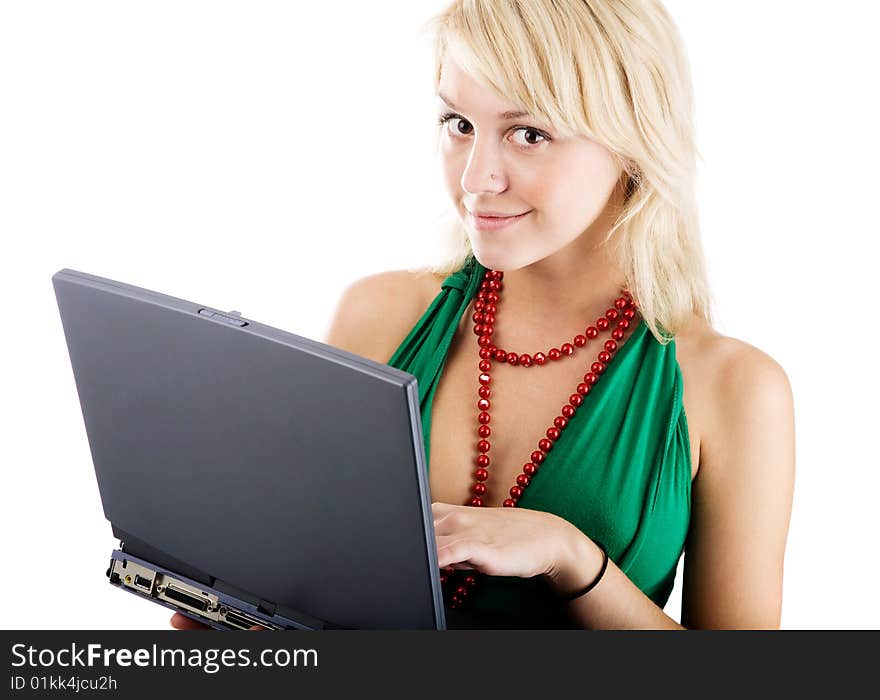 Cute young woman with laptop on the white. Cute young woman with laptop on the white