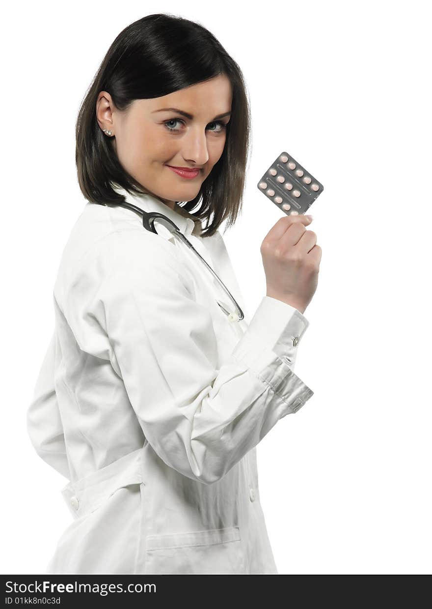 Female doctor handing medicine isolated on white