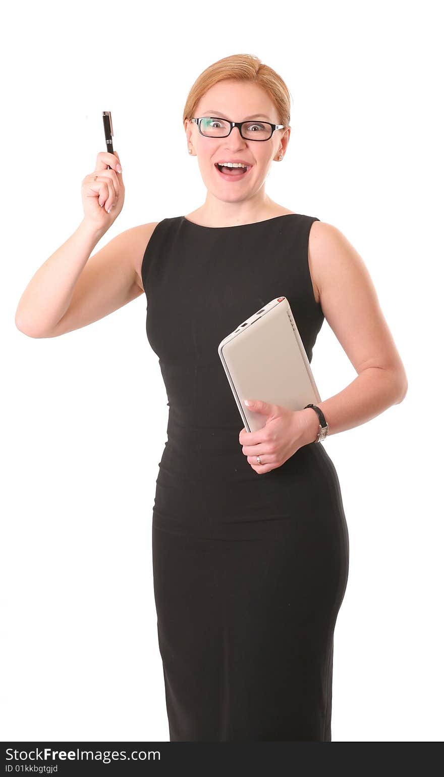 Smiling woman in glasses  with pen and notebook. Smiling woman in glasses  with pen and notebook