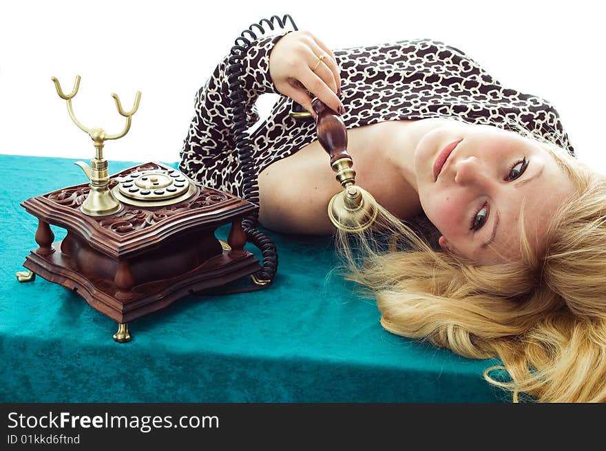 Beautiful caucasian woman talking on retro phone. Beautiful caucasian woman talking on retro phone.