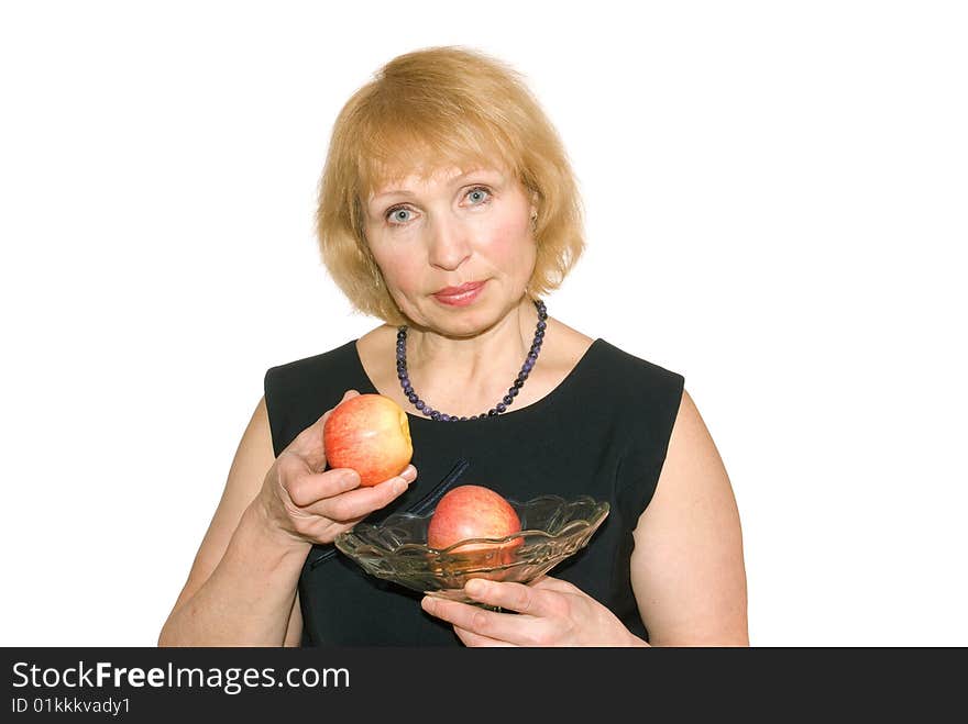 Woman, on white background with vase and apples. Woman, on white background with vase and apples