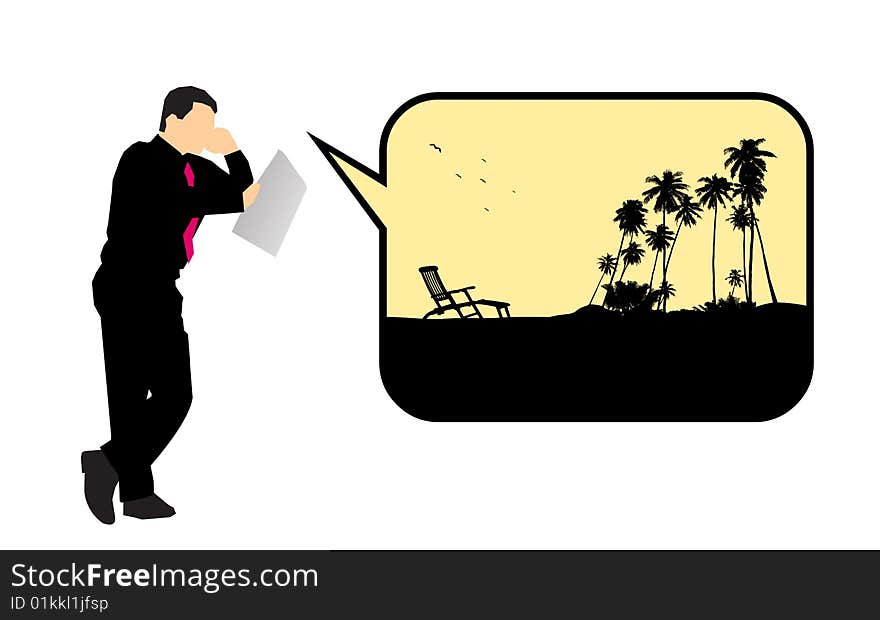 Vector illustration of businessman reading a travel agency commercial and dreaming about summer and holidays. Vector illustration of businessman reading a travel agency commercial and dreaming about summer and holidays