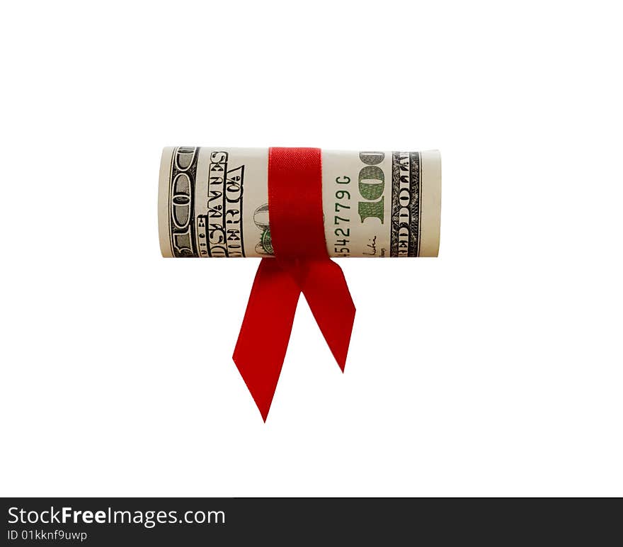 Bank-note with a red ribbon on white. Bank-note with a red ribbon on white