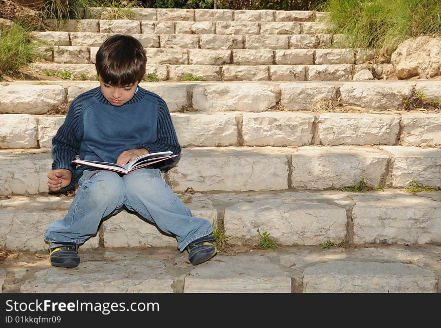 The boy reading the book in park