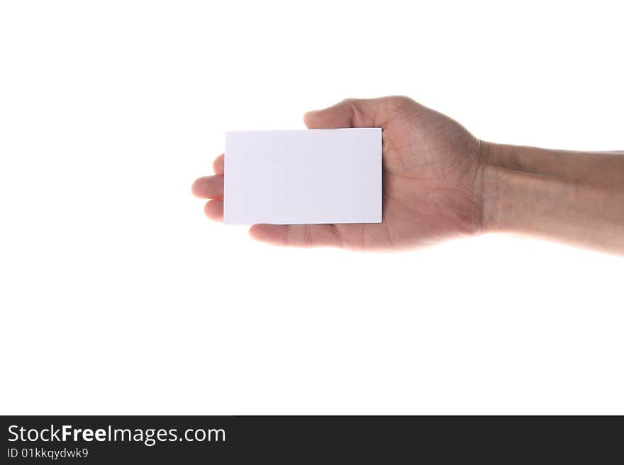 Hand holding blank business card isolated on white background