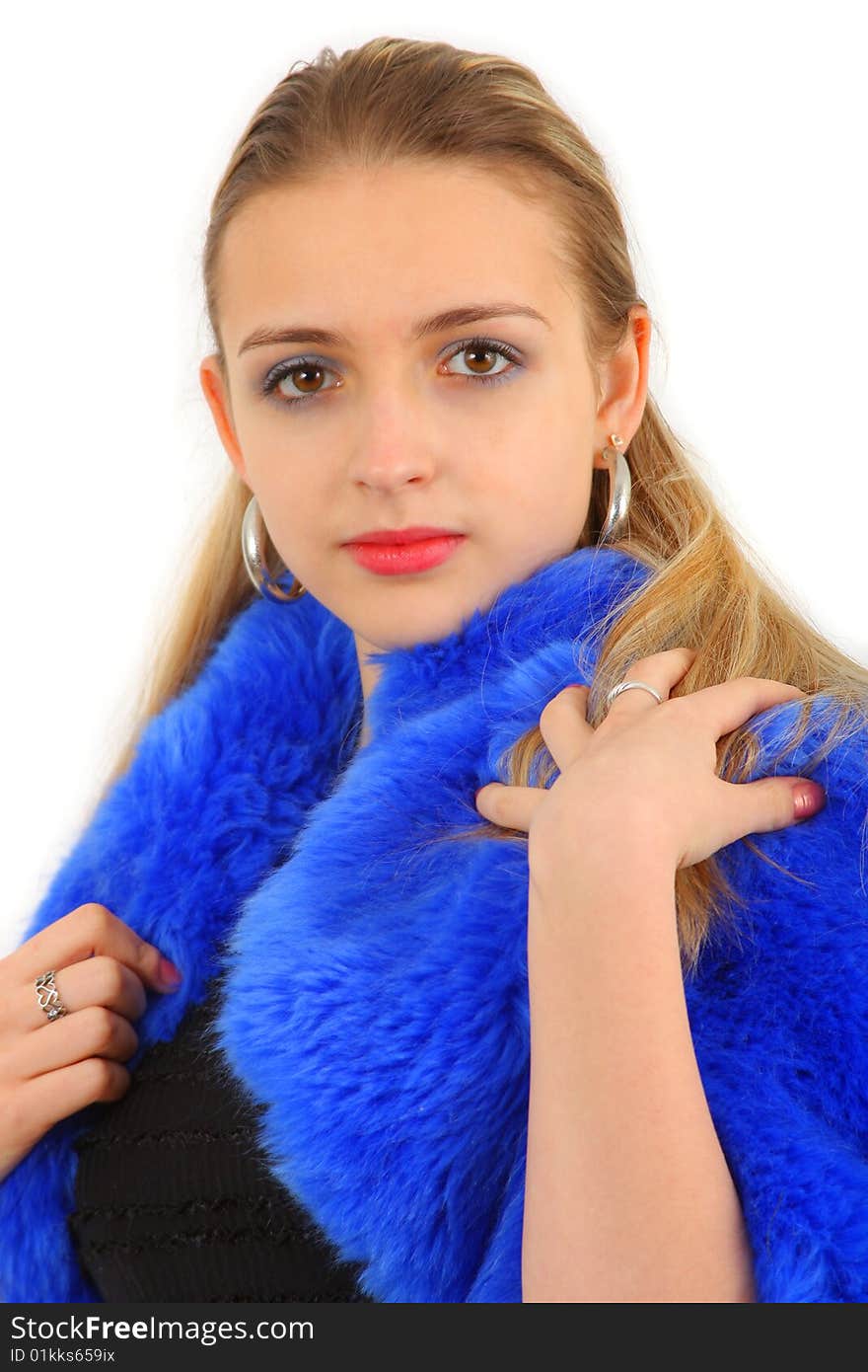 Young girl with blonde hair on white background