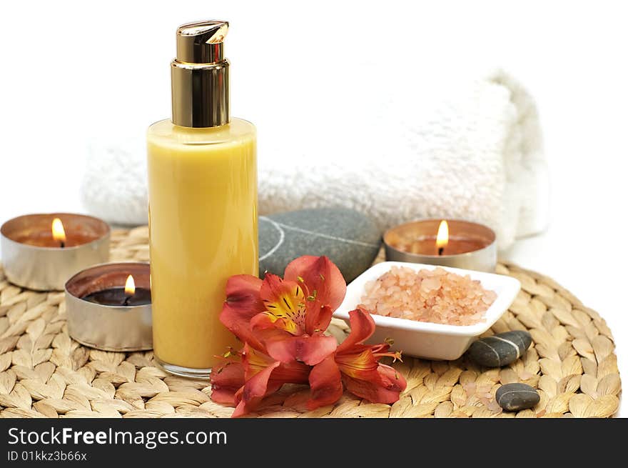 Spa, massage and bath items in a relaxing and serene setting. Spa, massage and bath items in a relaxing and serene setting