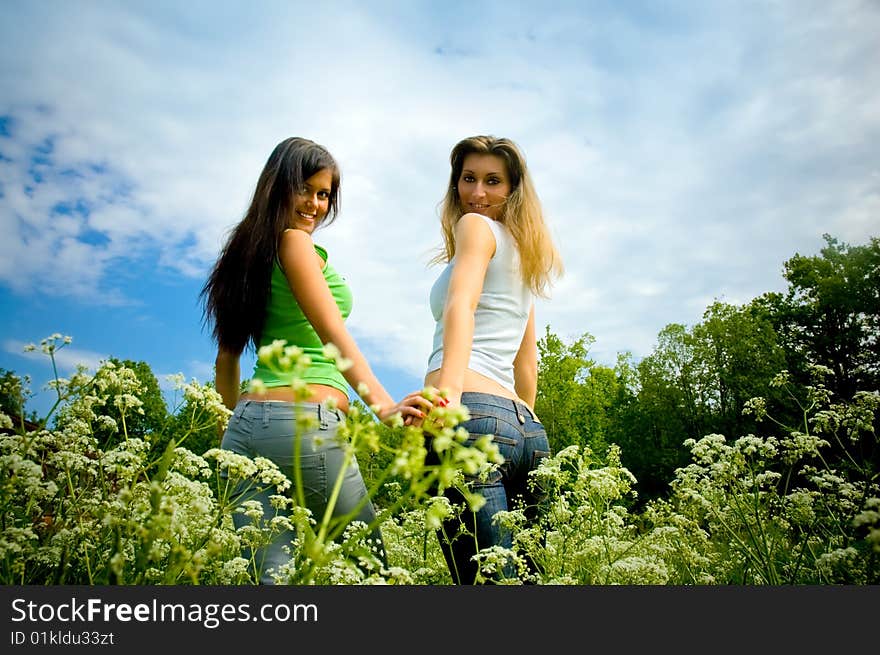 Two girls on a blossoming meadow. Two girls on a blossoming meadow