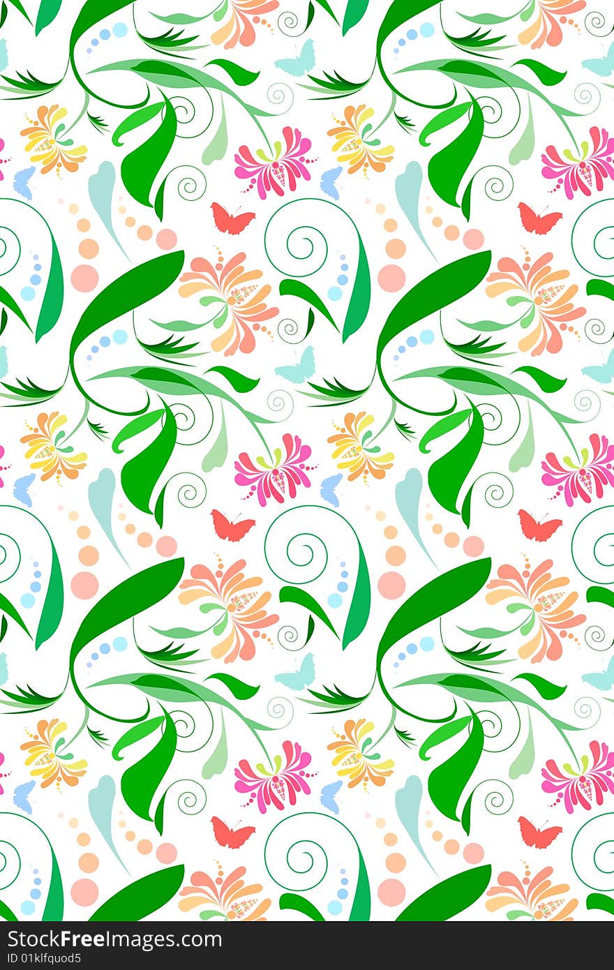 Seamless Floral Pattern with butterflies. Very bright and festive.