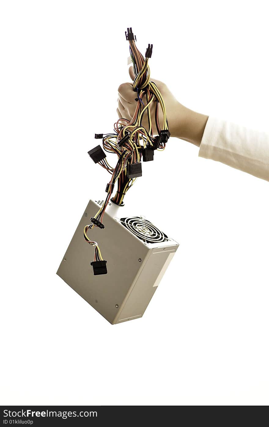 Hand holding power supply with with white background