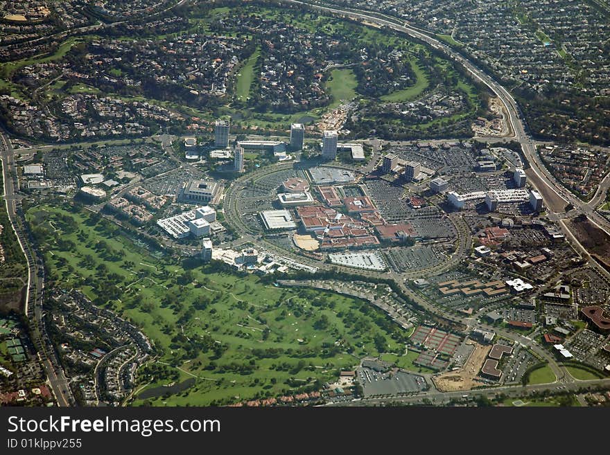 Aerial view of a mall and golf