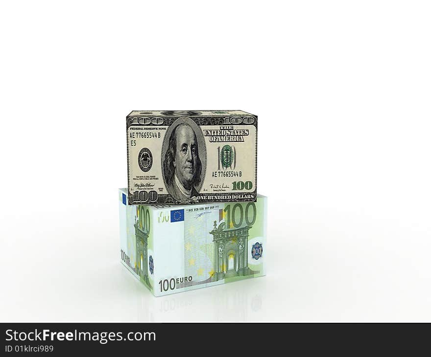 3d dollar and euro boxes on an isolated white background