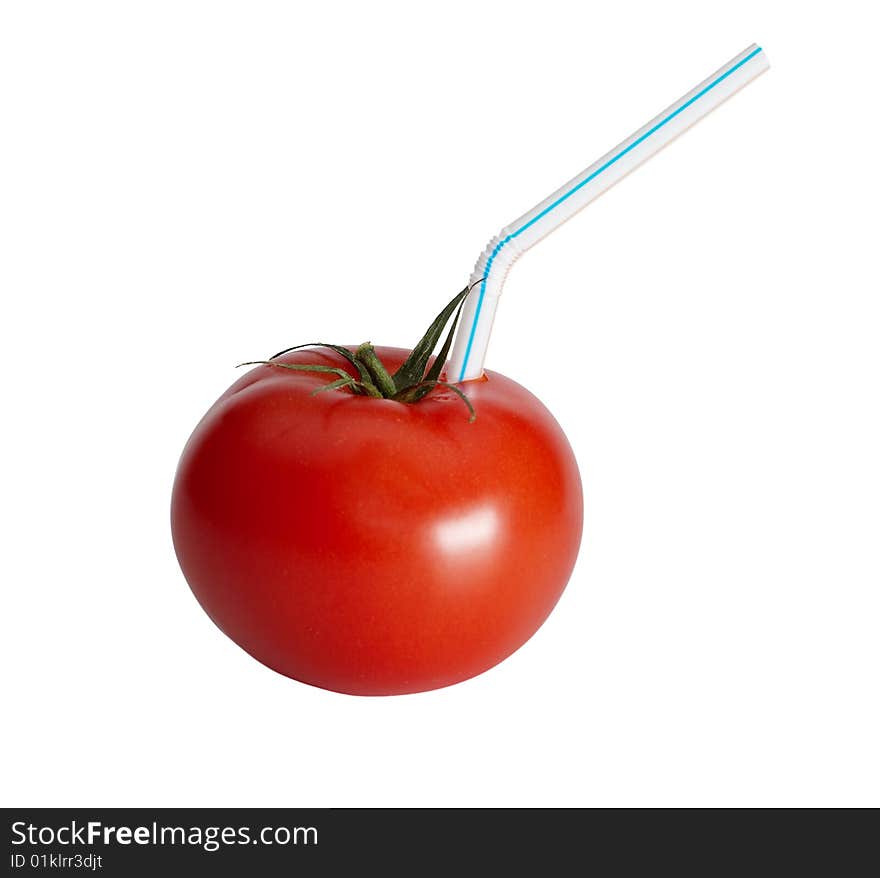 Tomato with straw isolated on white.  Idea of nature products, juices and healthy eating.