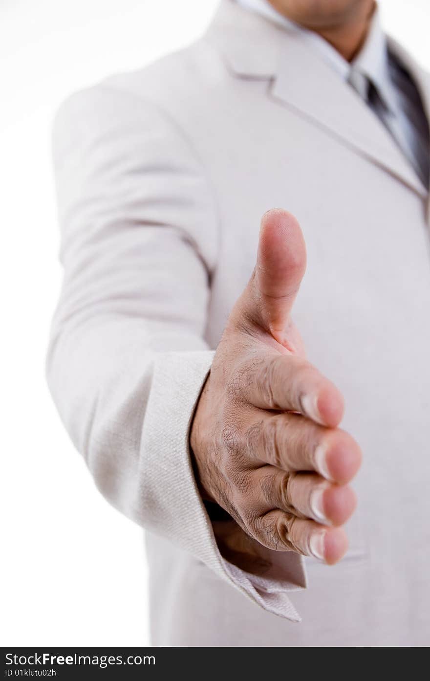 Close view of offering hand shake on an isolated white background