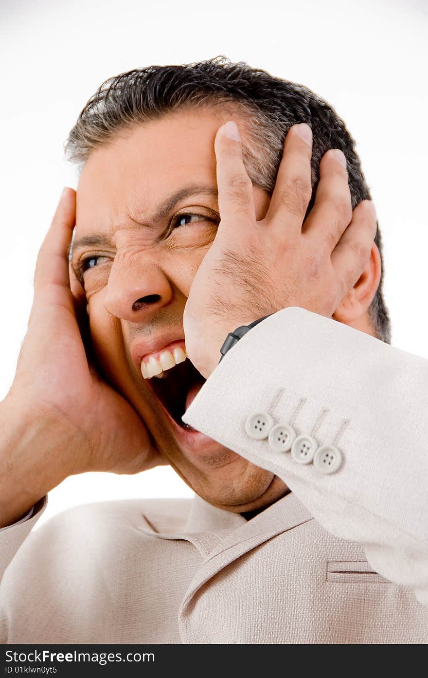 Close up of shouting businessman on white background