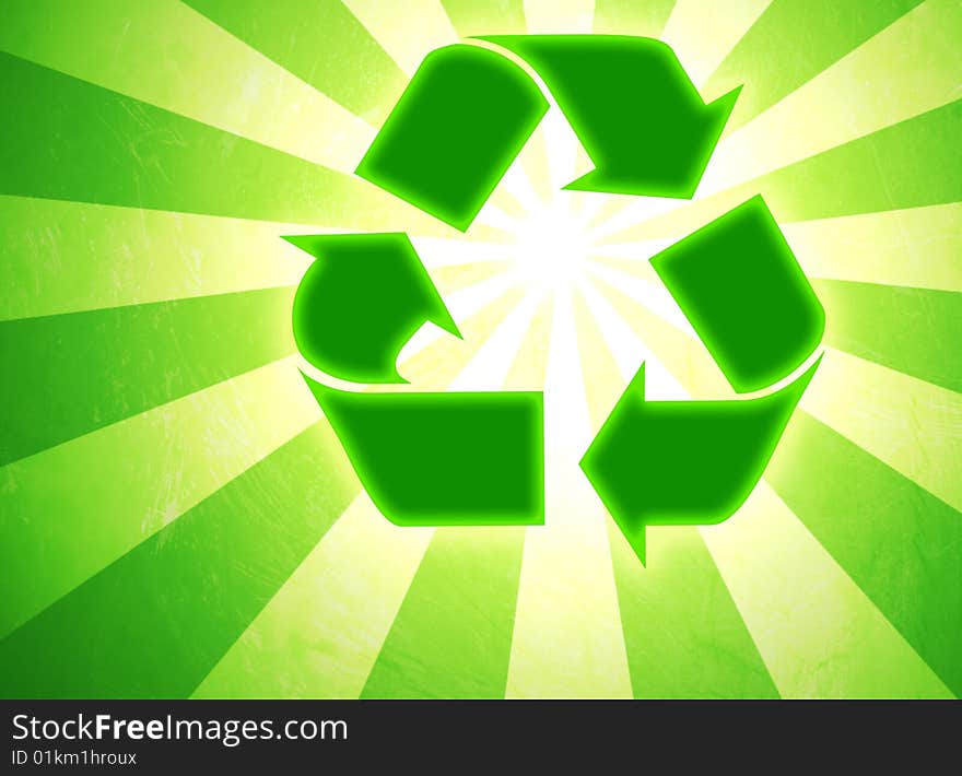 Recycle symbol illustration on green sunburst background.