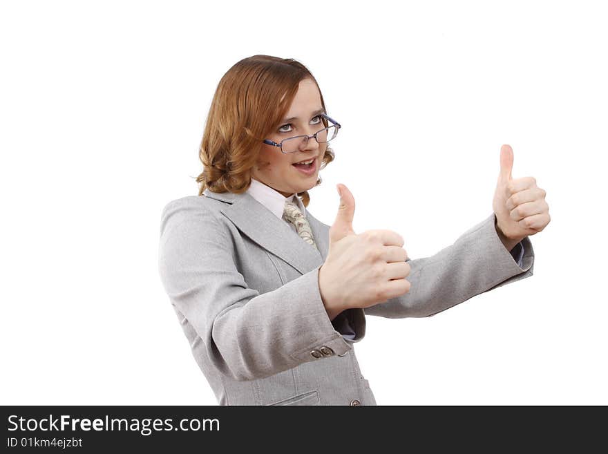 Businesswoman showing thumbs up on white background. Young woman looking into the camera while giving an ok gesture with her forward hand. Happiness girl shows OK. OK sign. Businesswoman with thumb up. Isolated on white background. Businesswoman showing thumbs up on white background. Young woman looking into the camera while giving an ok gesture with her forward hand. Happiness girl shows OK. OK sign. Businesswoman with thumb up. Isolated on white background.