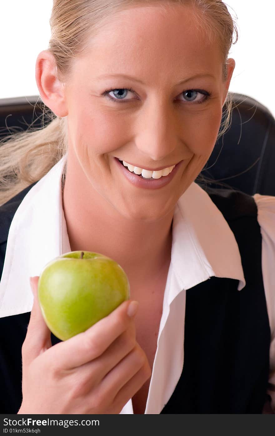 Young Woman Holds An Apple In Her Hand