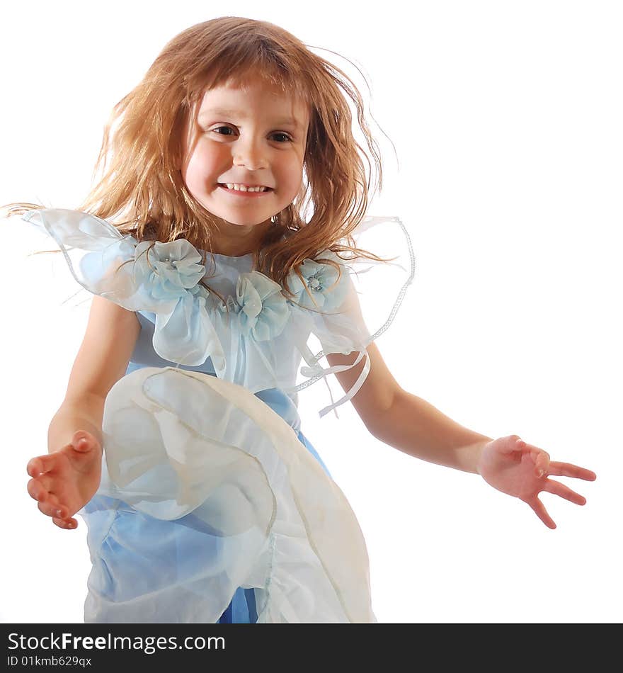 Little happy girl trying jumping making a hugging gesture. Little happy girl trying jumping making a hugging gesture