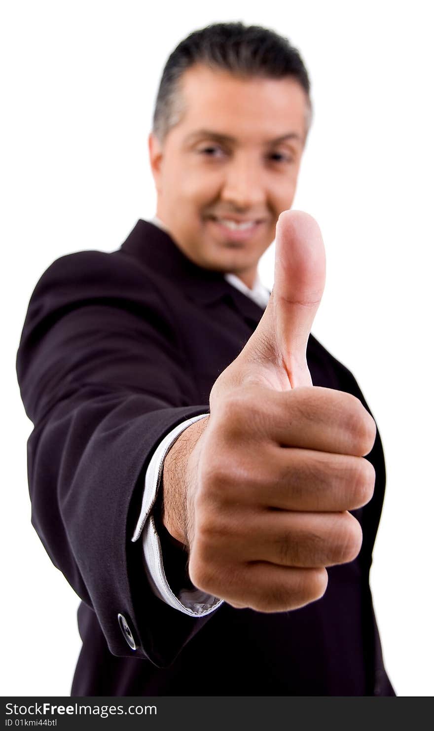 Front view of smiling boss showing thumb up an isolated background