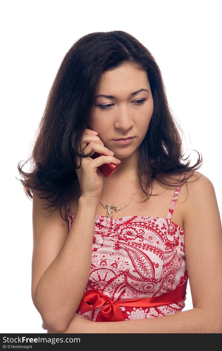 Close-up isolated portrait. Elegant lady calls by phone